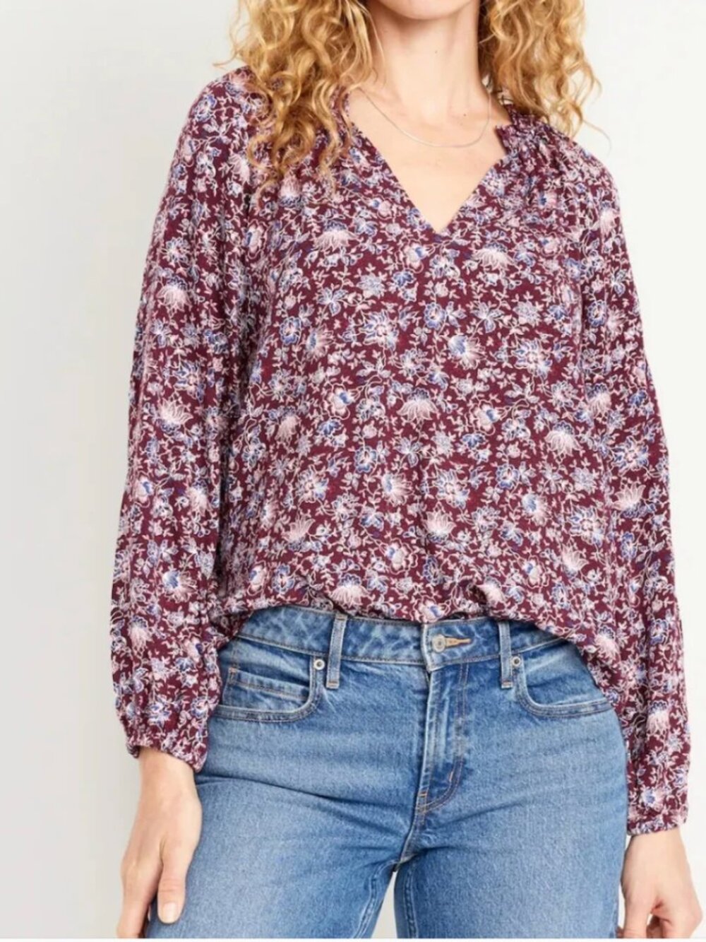 Old Navy Burgundy Floral Print Balloon Sleeve Peasant Top Large